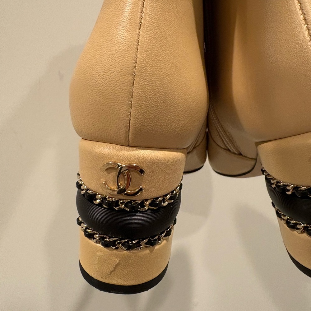 CHANEL Beige and Black Heels with Gold Accent